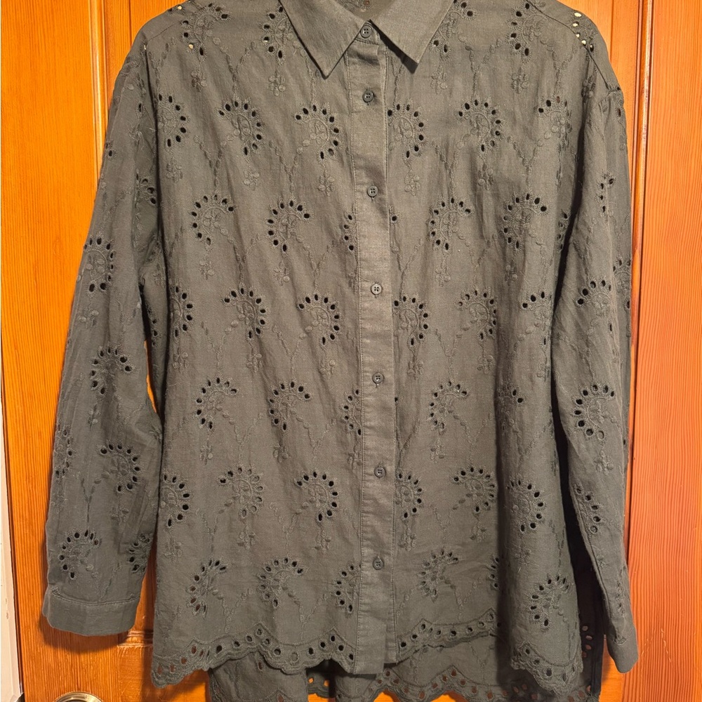 Adrianna Papell Muted Dark Army  Green Eyelet Blouse